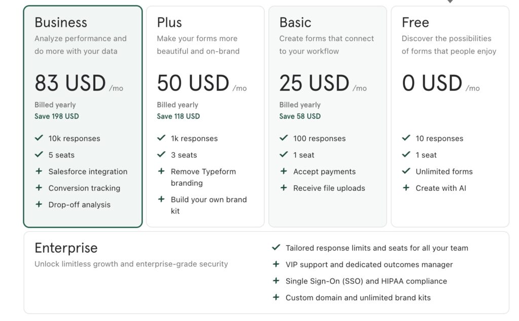 typeform pricing, what is typeform pricing